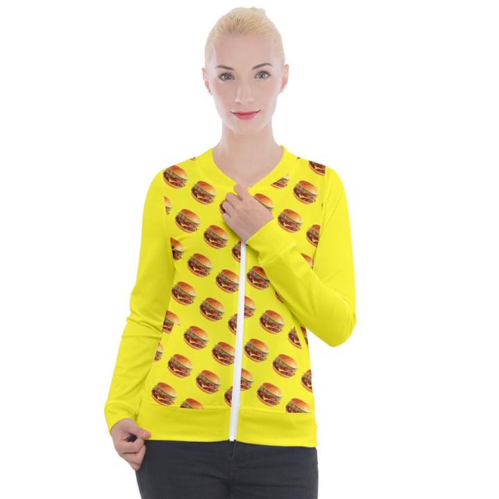Vector Burgers, fast food sandwitch pattern at yellow Casual Zip Up Jacket