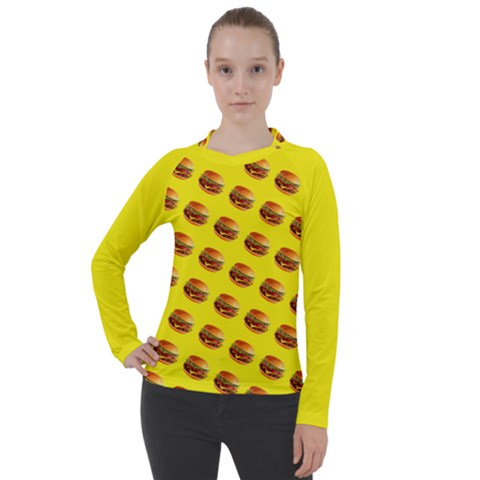 Vector Burgers, Fast Food Sandwitch Pattern At Yellow Women s Pique Long Sleeve Tee by Casemiro