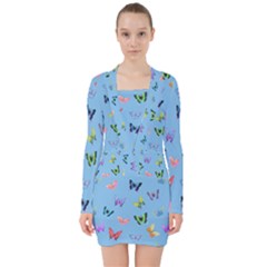 Multicolored Butterflies Whirl V-neck Bodycon Long Sleeve Dress by SychEva