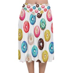 Delicious Multicolored Donuts On White Background Velvet Flared Midi Skirt by SychEva