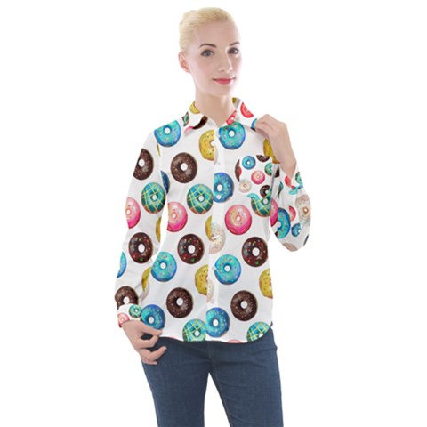 Delicious Multicolored Donuts On White Background Women s Long Sleeve Pocket Shirt by SychEva