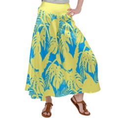 Yellow And Blue Leafs Silhouette At Sky Blue Satin Palazzo Pants