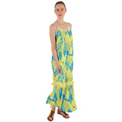 Yellow And Blue Leafs Silhouette At Sky Blue Cami Maxi Ruffle Chiffon Dress