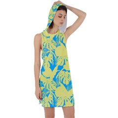 Yellow And Blue Leafs Silhouette At Sky Blue Racer Back Hoodie Dress by Casemiro