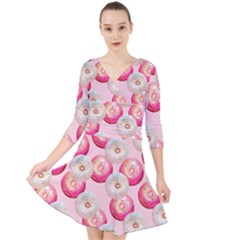 Pink And White Donuts Quarter Sleeve Front Wrap Dress by SychEva