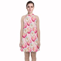 Pink And White Donuts Velvet Halter Neckline Dress  by SychEva