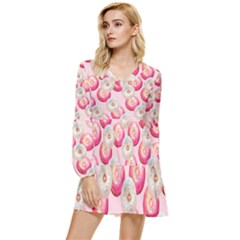 Pink And White Donuts Tiered Long Sleeve Mini Dress by SychEva