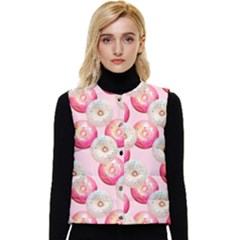 Pink And White Donuts Women s Short Button Up Puffer Vest by SychEva