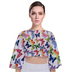 Bright Butterflies Circle In The Air Tie Back Butterfly Sleeve Chiffon Top by SychEva