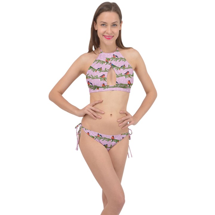 Bullfinches Sit On Branches On A Pink Background Cross Front Halter Bikini Set