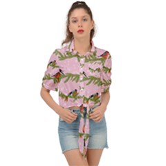 Bullfinches Sit On Branches On A Pink Background Tie Front Shirt  by SychEva