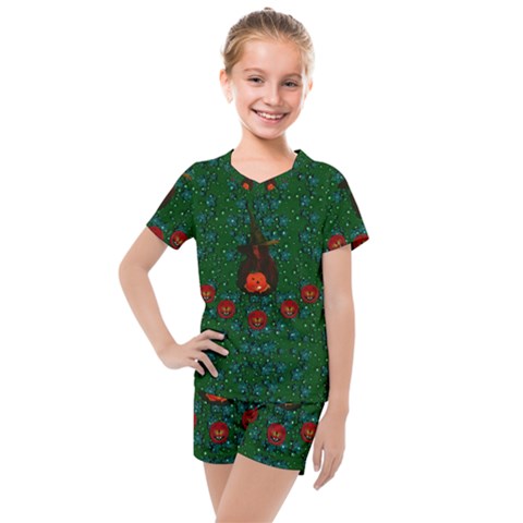 Halloween Pumkin Lady In The Rain Kids  Mesh Tee And Shorts Set by pepitasart