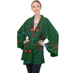 Halloween Pumkin Lady In The Rain Long Sleeve Velvet Kimono  by pepitasart