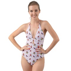 Bullfinches Sit On Branches Halter Cut-out One Piece Swimsuit by SychEva