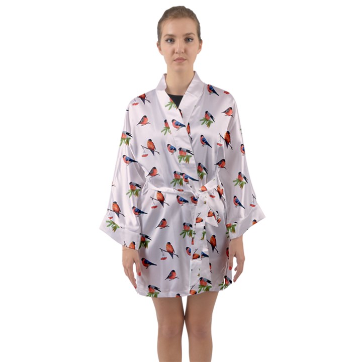 Bullfinches Sit On Branches Long Sleeve Satin Kimono