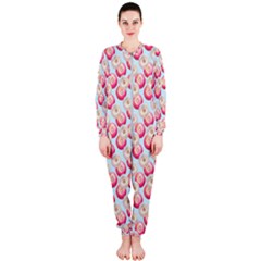 Pink And White Donuts On Blue Onepiece Jumpsuit (ladies)  by SychEva