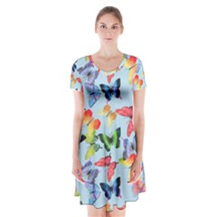 Watercolor Butterflies Short Sleeve V-neck Flare Dress by SychEva