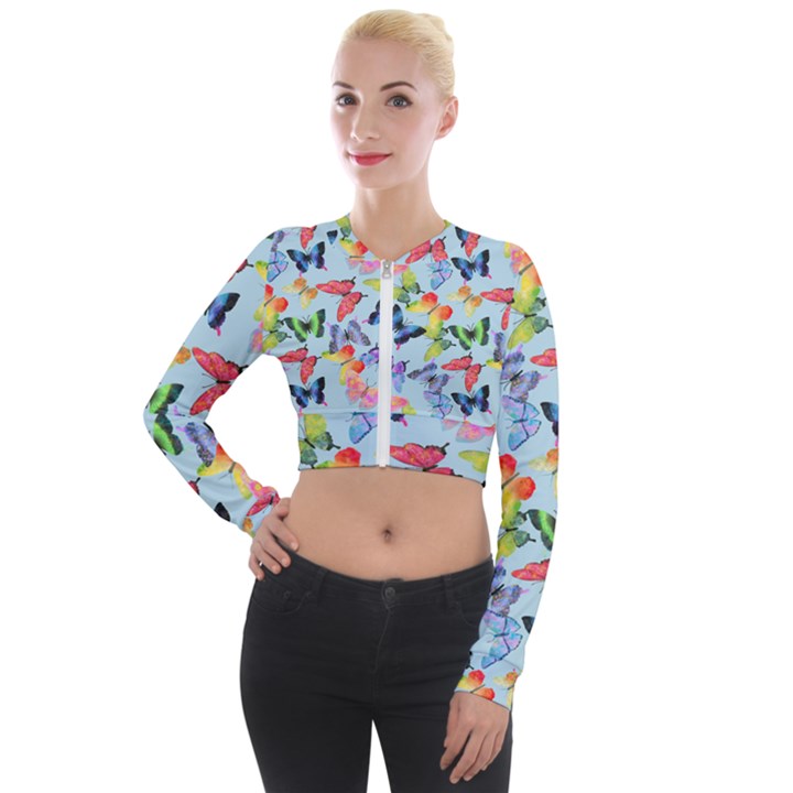 Watercolor Butterflies Long Sleeve Cropped Velvet Jacket