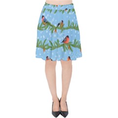 Bullfinches On Spruce Branches Velvet High Waist Skirt by SychEva