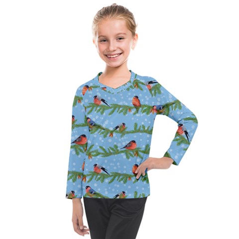 Bullfinches On Spruce Branches Kids  Long Mesh Tee by SychEva