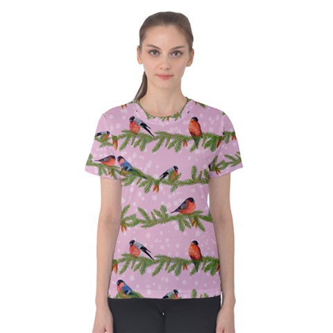 Bullfinches Sit On Branches On A Pink Background Women s Cotton Tee by SychEva