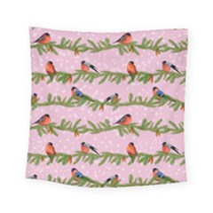 Bullfinches Sit On Branches On A Pink Background Square Tapestry (small) by SychEva