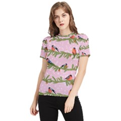 Bullfinches Sit On Branches On A Pink Background Women s Short Sleeve Rash Guard by SychEva