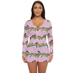 Bullfinches Sit On Branches On A Pink Background Long Sleeve Boyleg Swimsuit by SychEva