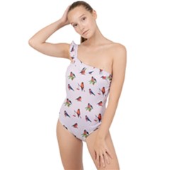 Bullfinches Sit On Branches Frilly One Shoulder Swimsuit by SychEva