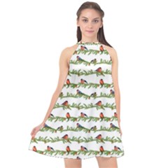 Bullfinches On The Branches Halter Neckline Chiffon Dress  by SychEva