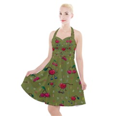 Red Cherries Athletes Halter Party Swing Dress  by SychEva
