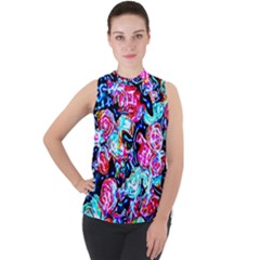 Neon Floral Mock Neck Chiffon Sleeveless Top by 3cl3ctix