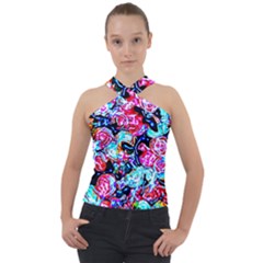 Neon Floral Cross Neck Velour Top by 3cl3ctix