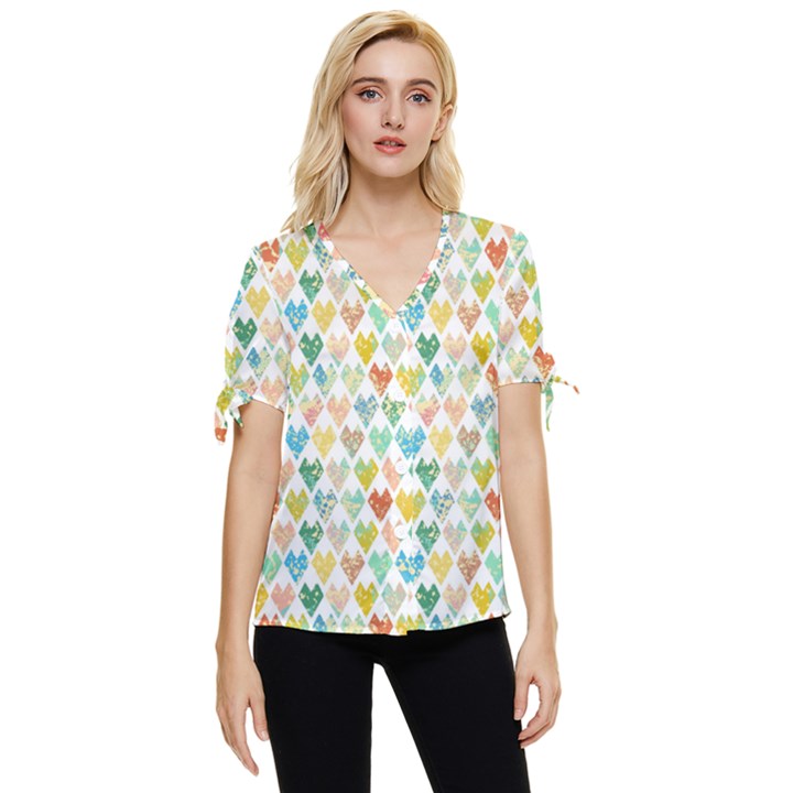 Multicolored Hearts Bow Sleeve Button Up Top