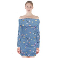 Cute Dragonflies In Spring Long Sleeve Off Shoulder Dress by SychEva