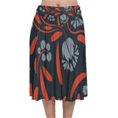 Folk Flowers Print Floral Pattern Ethnic Art Velvet Flared Midi Skirt by Eskimos