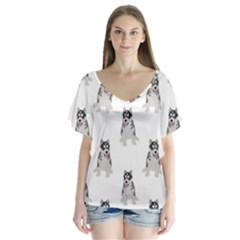 Cute Husky Puppies V-neck Flutter Sleeve Top by SychEva