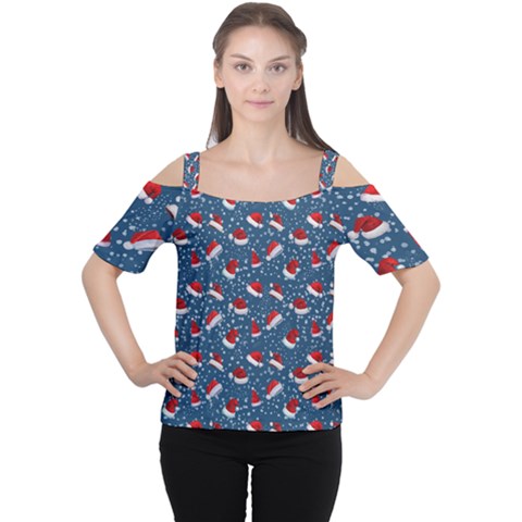 Blue Christmas Hats Cutout Shoulder Tee by SychEva