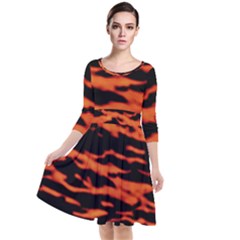 Red  Waves Abstract Series No9 Quarter Sleeve Waist Band Dress by DimitriosArt