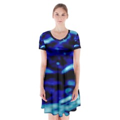 Blue Waves Abstract Series No8 Short Sleeve V-neck Flare Dress by DimitriosArt