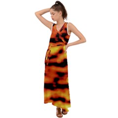 Red  Waves Abstract Series No5 V-neck Chiffon Maxi Dress by DimitriosArt