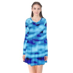 Blue Waves Abstract Series No4 Long Sleeve V-neck Flare Dress by DimitriosArt