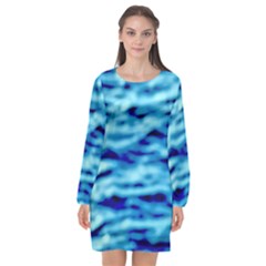 Blue Waves Abstract Series No4 Long Sleeve Chiffon Shift Dress  by DimitriosArt
