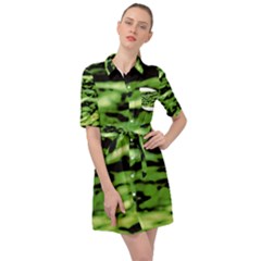 Green  Waves Abstract Series No11 Belted Shirt Dress by DimitriosArt