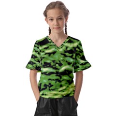 Green  Waves Abstract Series No11 Kids  V-neck Horn Sleeve Blouse by DimitriosArt