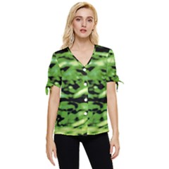 Green  Waves Abstract Series No11 Bow Sleeve Button Up Top by DimitriosArt