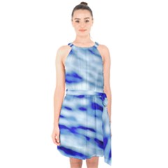 Blue Waves Abstract Series No10 Halter Collar Waist Tie Chiffon Dress by DimitriosArt