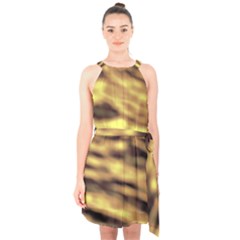 Yellow  Waves Abstract Series No10 Halter Collar Waist Tie Chiffon Dress by DimitriosArt