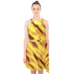 Yellow  Waves Abstract Series No8 Halter Collar Waist Tie Chiffon Dress by DimitriosArt