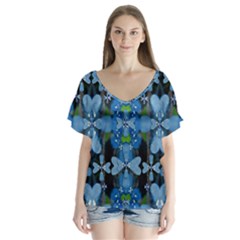 Rare Excotic Blue Flowers In The Forest Of Calm And Peace V-neck Flutter Sleeve Top by pepitasart